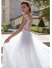 Ivory Beaded Floral Lace Sheer Back Wedding Dress